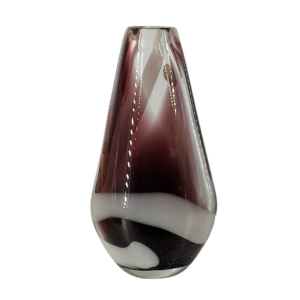 Vintage Art Glass Bud Vase Purple White Swirl Teardrop Sommerso Style 6.25